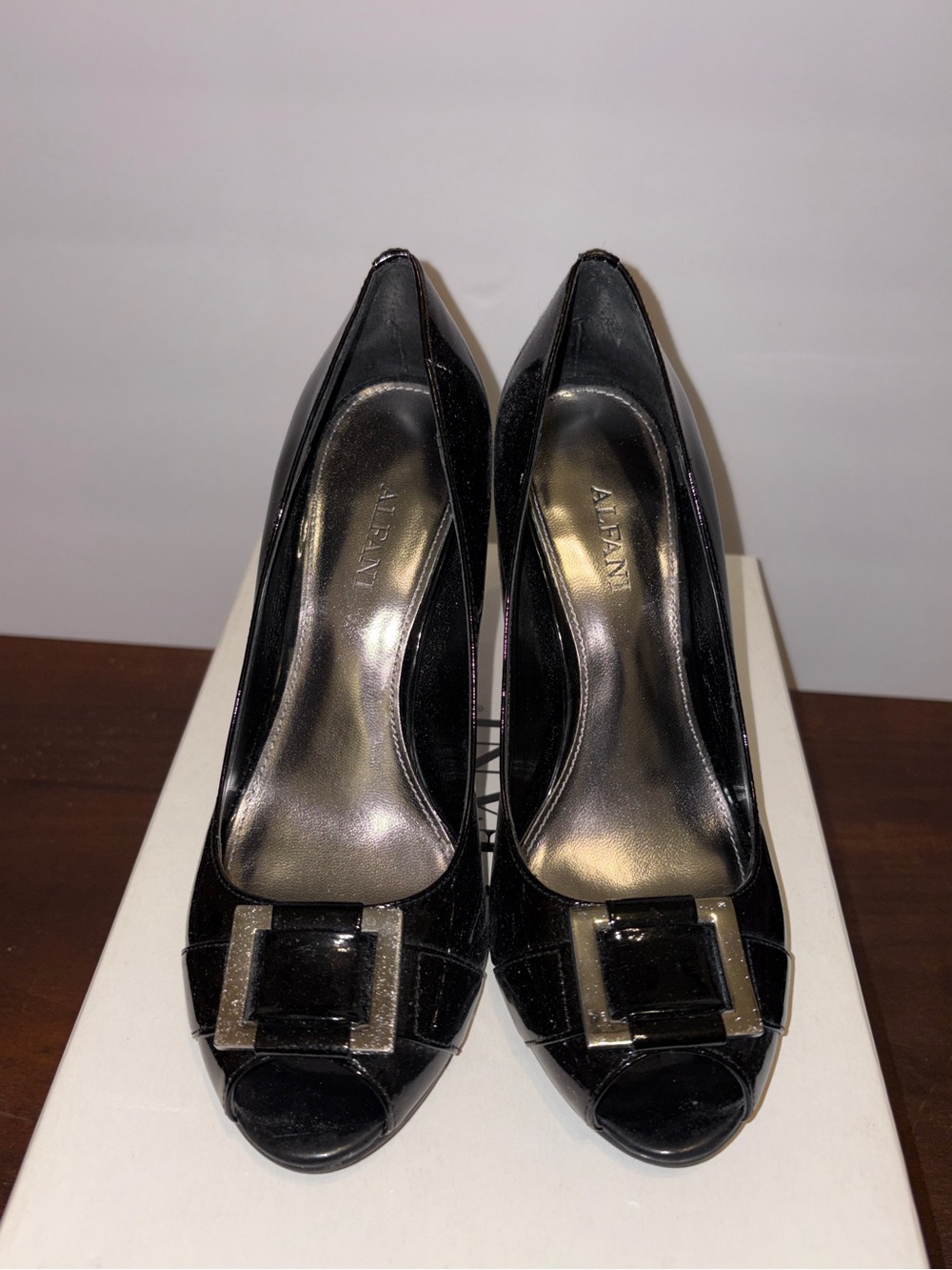 Alfani Black Patent Peep-Toe Heels with Square Buckle